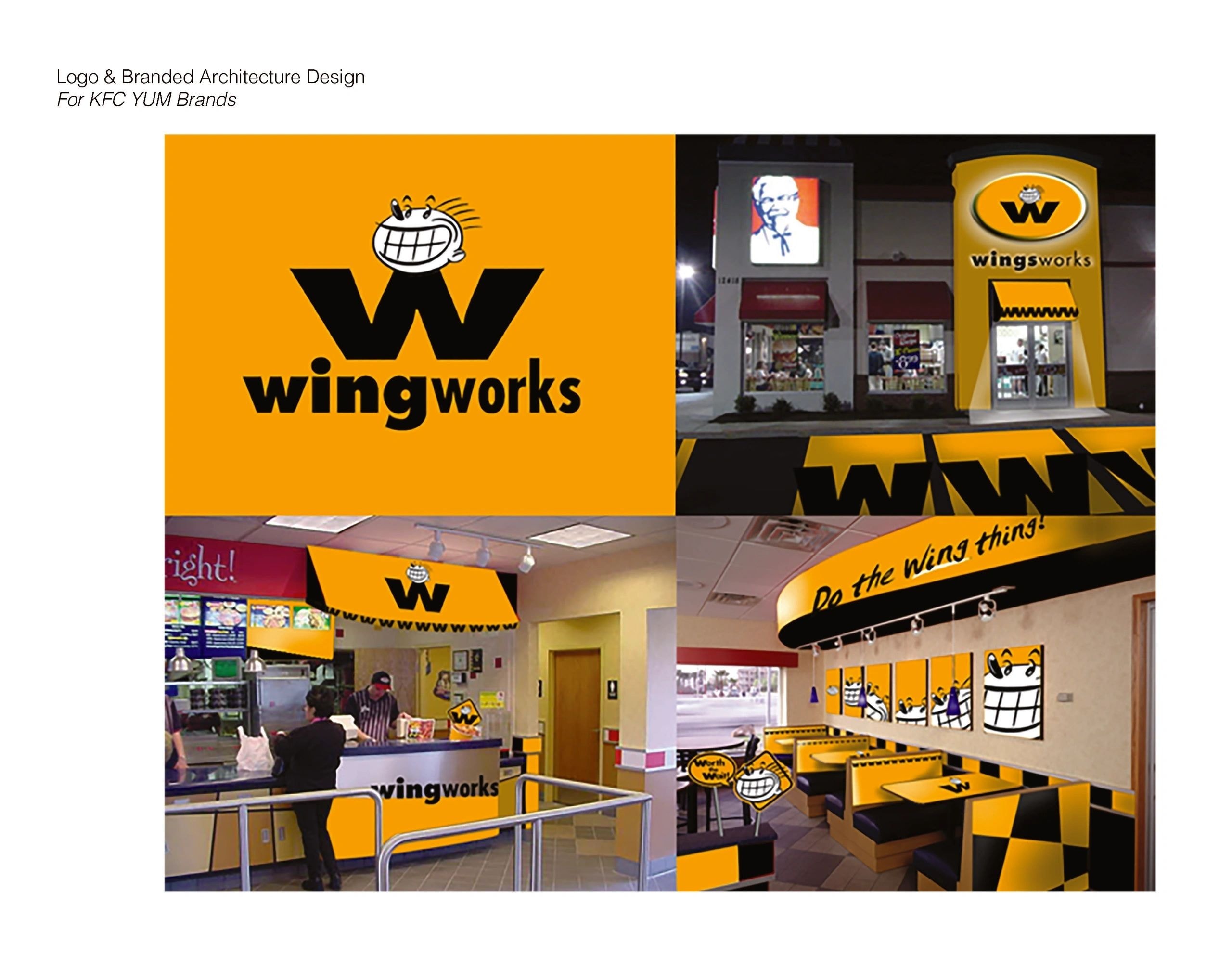 Logo and branded architecture design for KFC YUM Brands Wingsworks